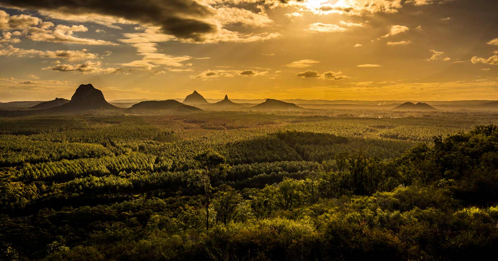 Panoramic view of Glass House Mountains